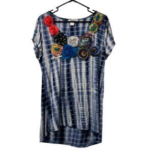 Feratelli Womans Top Blouse Large blue 3d flowers‎ tie dye Lagenlook Art to Wear